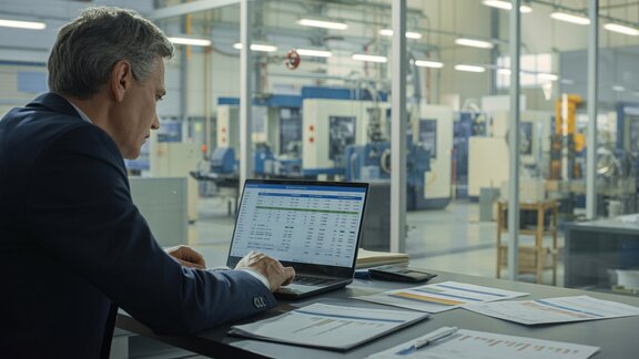 Arbeitgeber eines KMUs in der Produktionshalle am Laptop