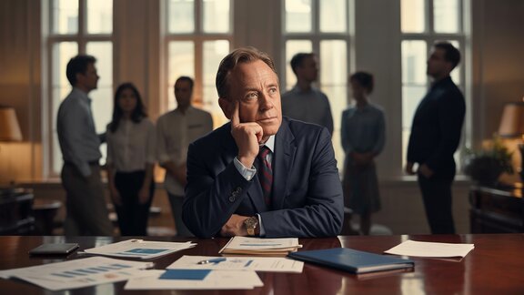 Bedenklicher Unternehmer am Bürotisch mit Angestellten im Hintergrund